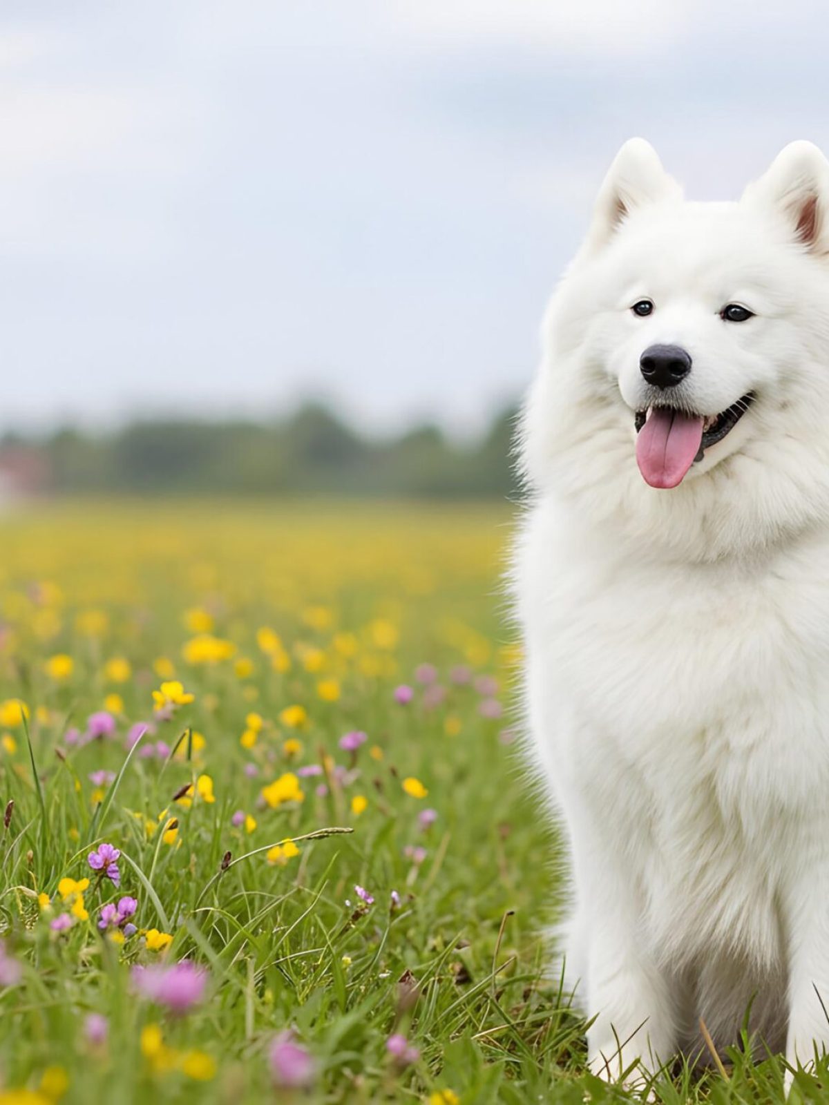 fluffy-white-samoyed-dog-field-flowers